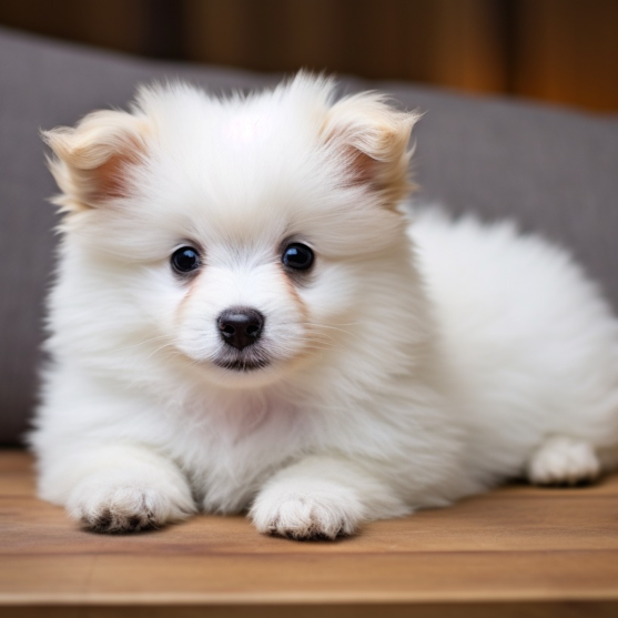 Cute white Pomachon playing with a toy in a modern living room White Pomachon at Home